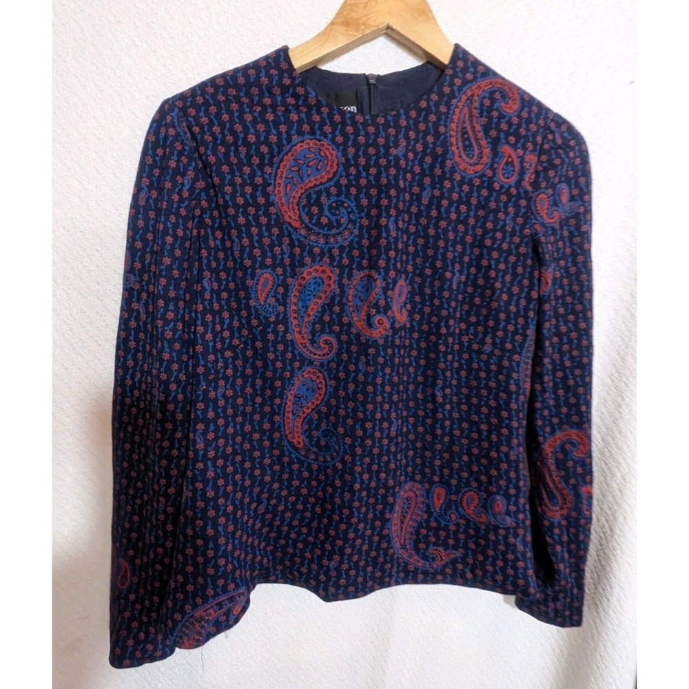 Vintage ADELE SIMPSON  PAISLEY  Neck Blouse Sz S Long Sleeves Lined